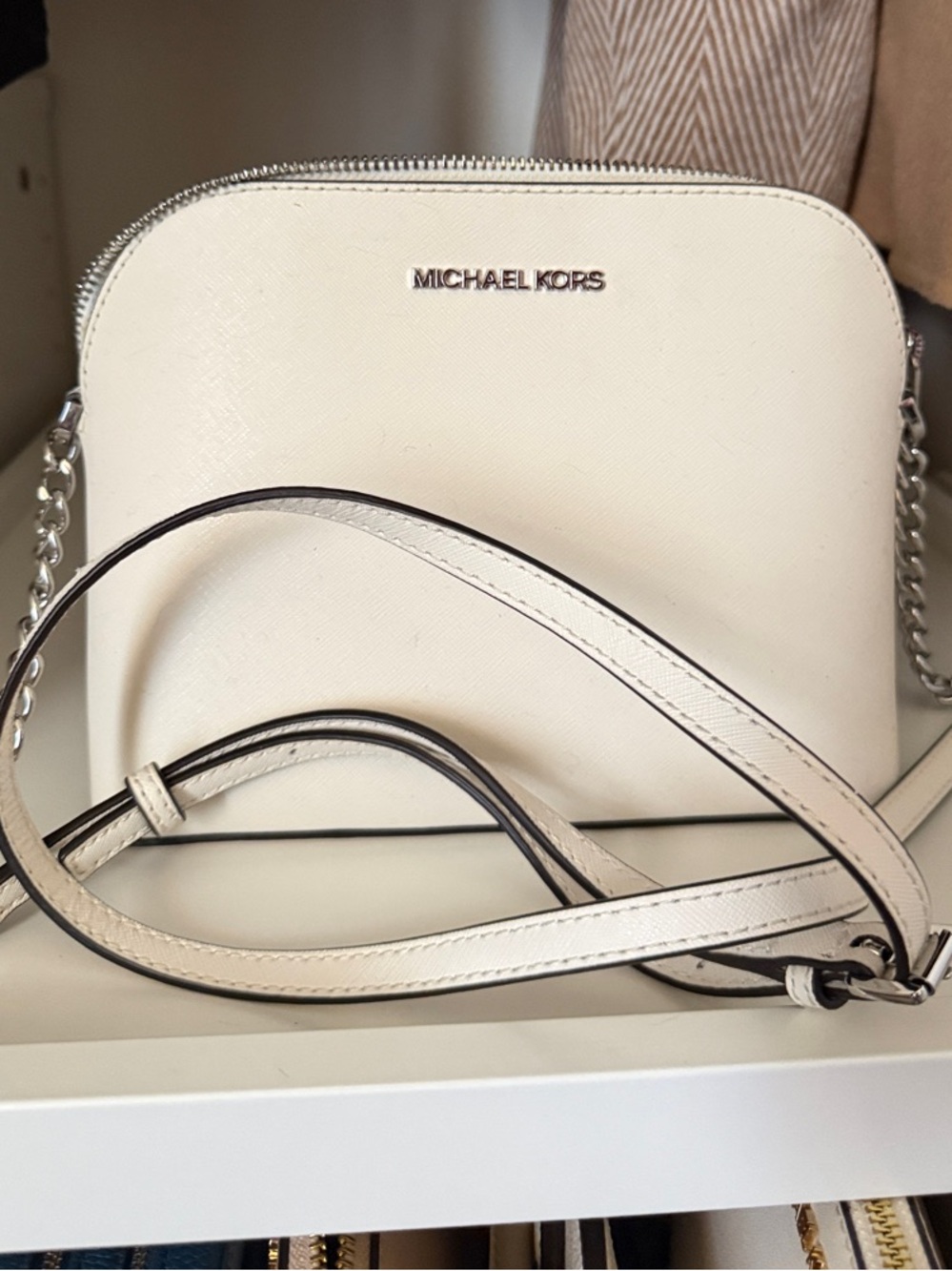 Michael Kors Cream Leather Crossbody with Silver Chain